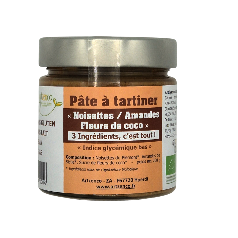 pâte à tartiner noisettes, amandes, fleurs de coco sans gluten ig bas 200g